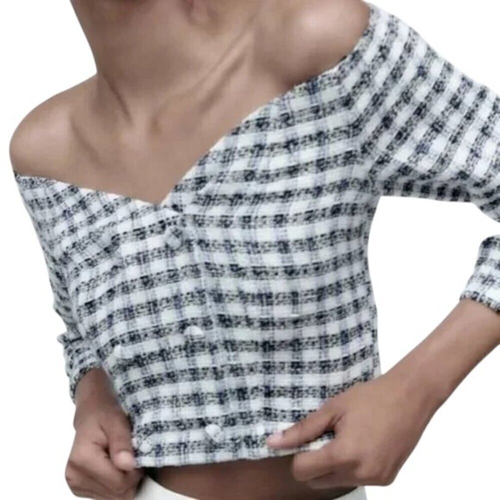 ZARA Textured Tweed Off-Shoulder Cropped Top - Size XS